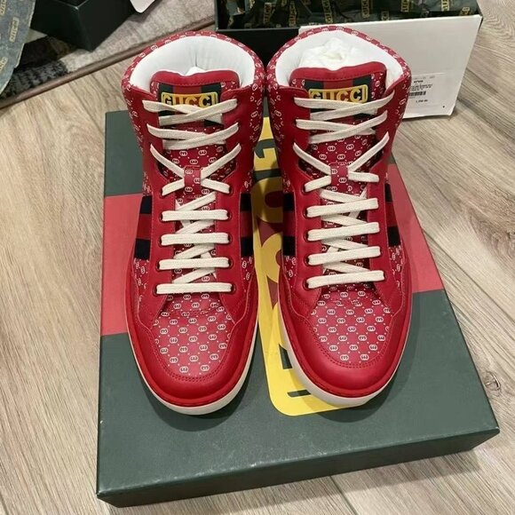 NIB Authentic Gucci-Dapper Dan Calfskin GG Micro Monogram Mens High Top Sneakers - Picture 2 of 7